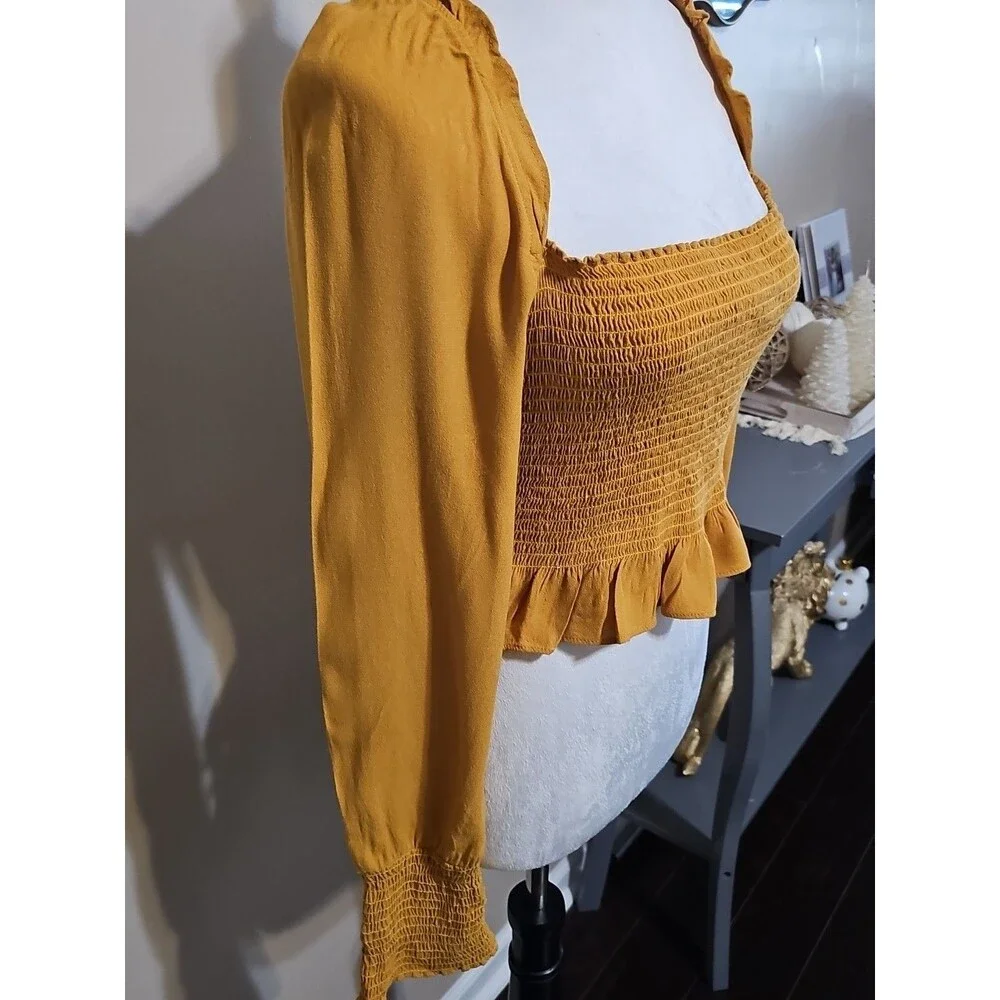 Reformation Mustard Yellow Smocked Crop Top Blouse Square Neck Long Sleeve Sz S
